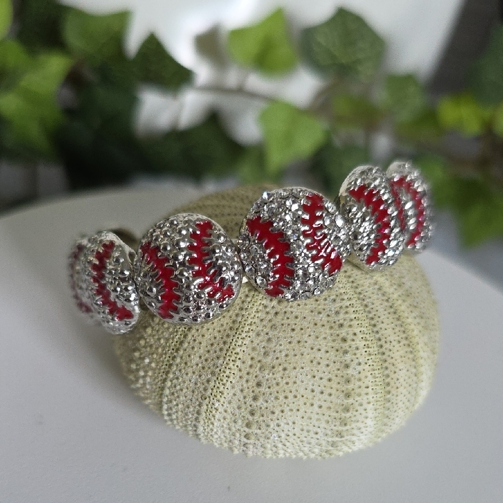 Silver Rhinestone Baseball Stretch Bracelet